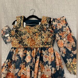 NWT: Navy Floral Embroidered Lehenga